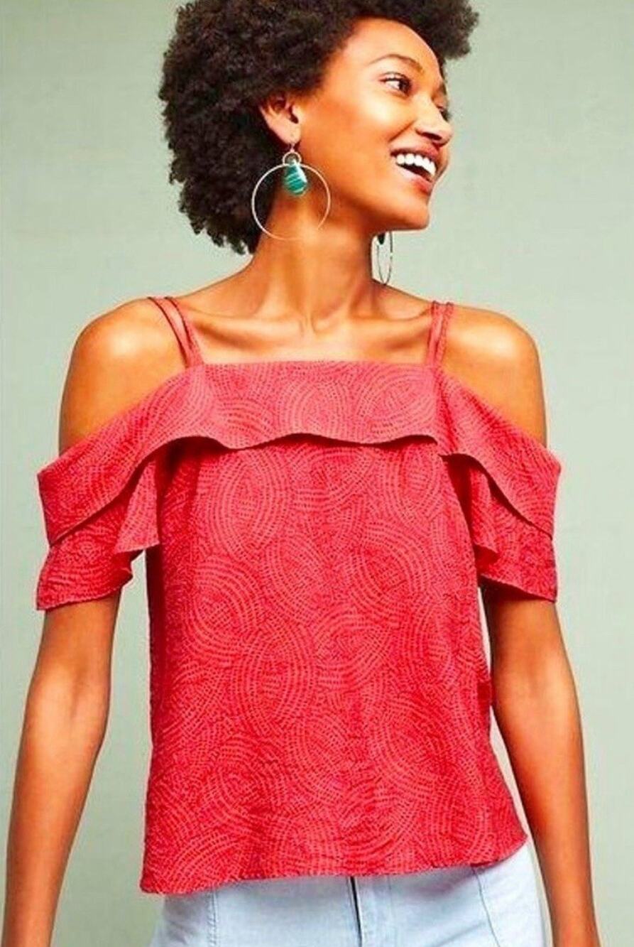 Anthropologie Maeve Blouse Women's Medium Red Pink Cold Shoulder Top